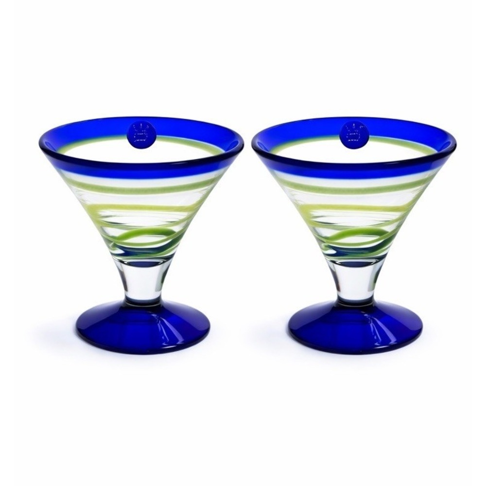 Kosta Boda Royal Caribbean Martini Margarita Glasses Cobalt Blue Lime Swirl Art